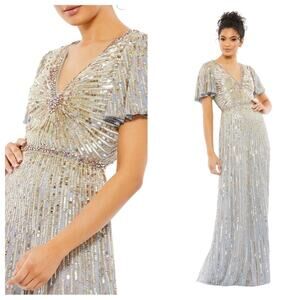 NWT MAC DUGGAL Platinum Beaded Embellished V-Neck Butterfly Sleeve Column Gown